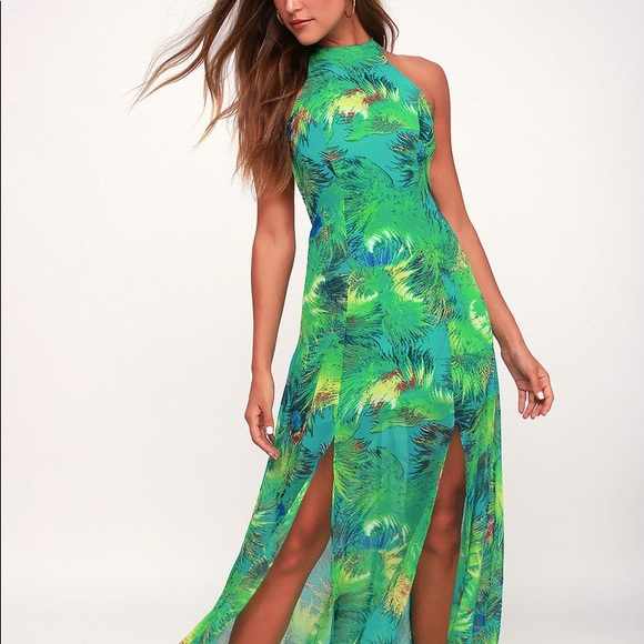 green tropical maxi dress